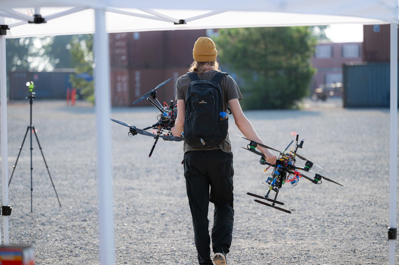 Autonomous drone navigating a simulated disaster environment as part of search and rescue testing.