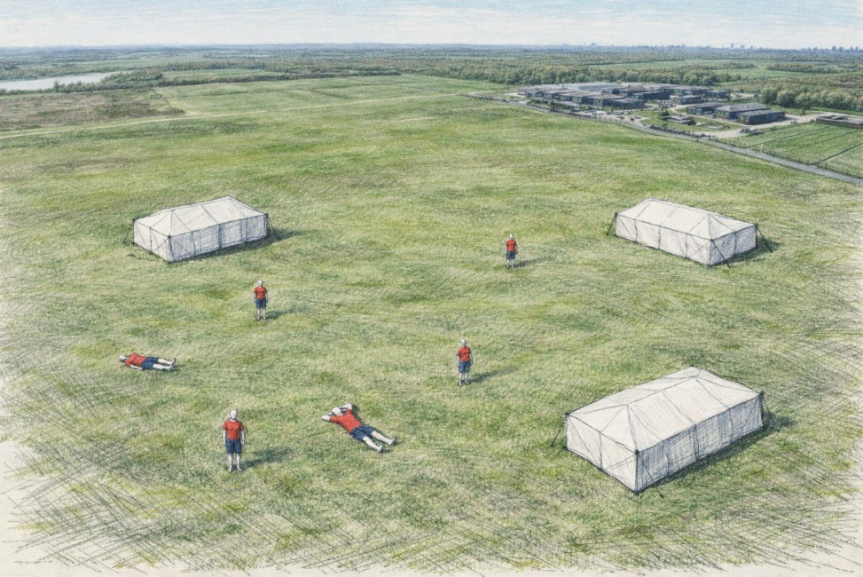 Simulated disaster zone at Unmanned Valley with scattered debris and tent structures for SAPIENCE Competition 3 hybrid search and rescue scenario